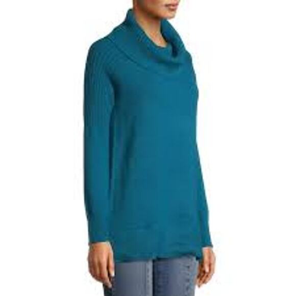 Cowl Neck Teal Sweater Womens Size Large Turquoise Pull Over Long Sleeve Top - Picture 1 of 14